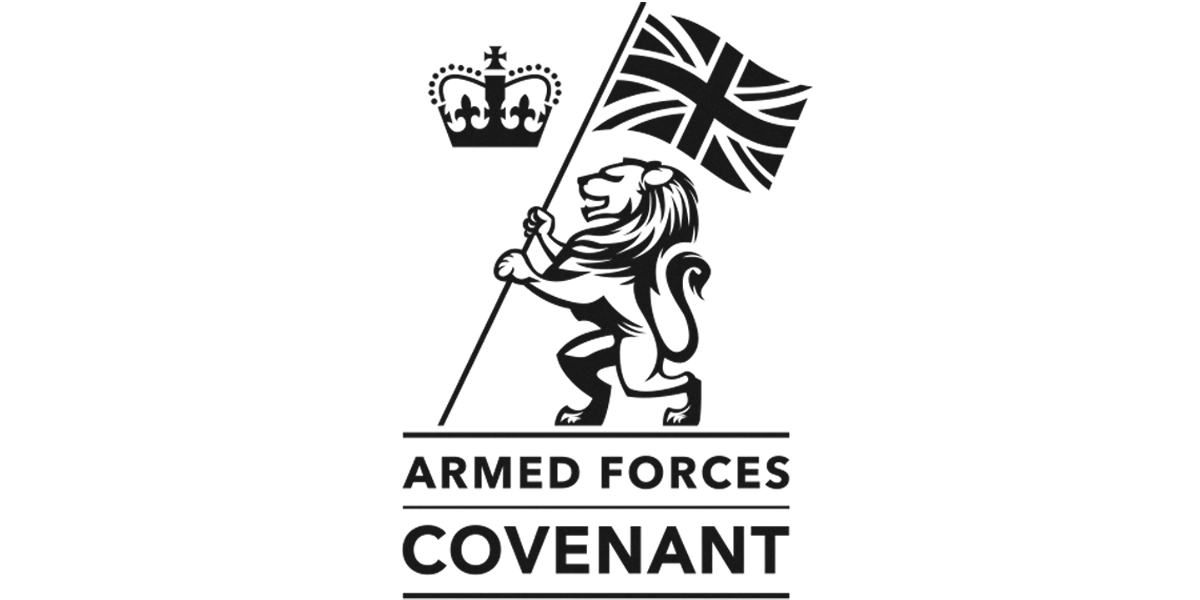 Armed Forces Covenant logo showing a lion holding a flagpole with the Union Flag, with a crown symbol above.