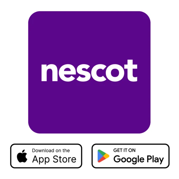 A purple square icon with rounded corners displaying the word “nescot” in white text. Below the icon are two download badges: “Download on the App Store” and “Get it on Google Play.”