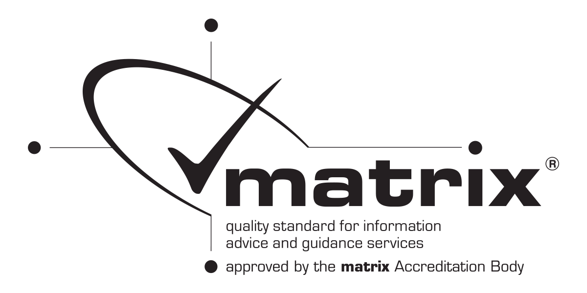 The Matrix accreditation logo featuring a curved checkmark symbol surrounded by four dots, alongside the text: “matrix – quality standard for information advice and guidance services, approved by the matrix Accreditation Body.”