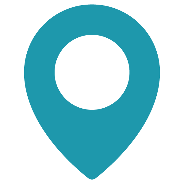 A teal map pin icon with a circular cut‑out in the centre.