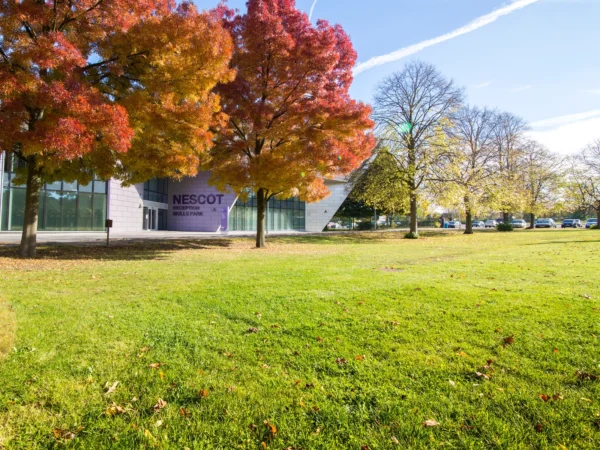 A grassy lawn in front of the Nescot campus with large trees displaying bright orange and red autumn foliage and a purple Nescot banner visible on the building.