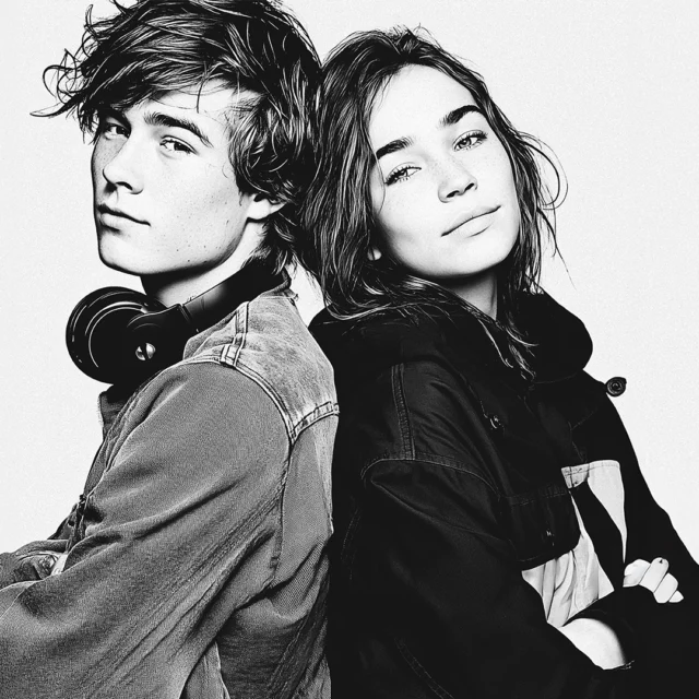 Two people standing back‑to‑back against a plain background, with one wearing headphones around the neck and both wearing casual layered clothing.
