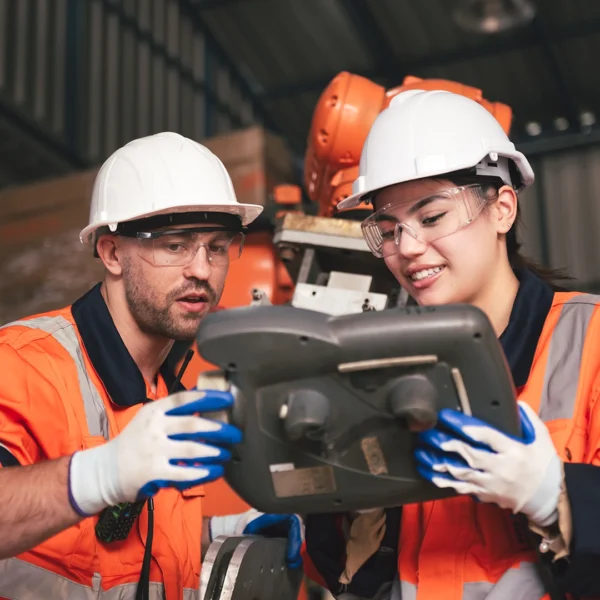 Two people wearing hard hats, safety glasses, gloves, and orange safety vests examine a handheld control device in an industrial workshop setting.