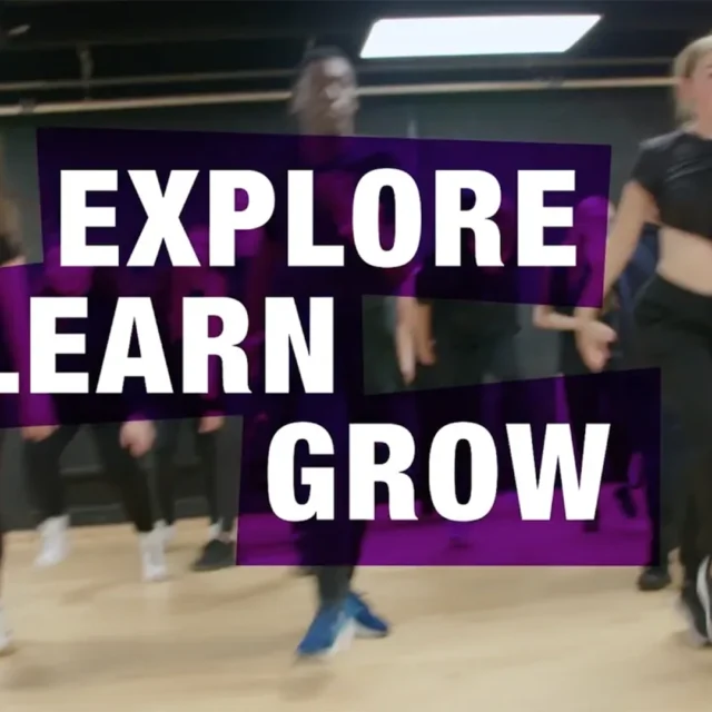 Performing Arts students dancing in a studio with the words 'explore, learn, grow' superimposed over the top of the image.