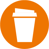 A white takeaway coffee cup icon inside an orange circle.