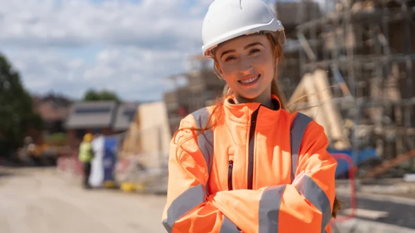 Person wearing a white hard hat and high‑visibility orange jacket standing at a construction site with scaffolding in the background.