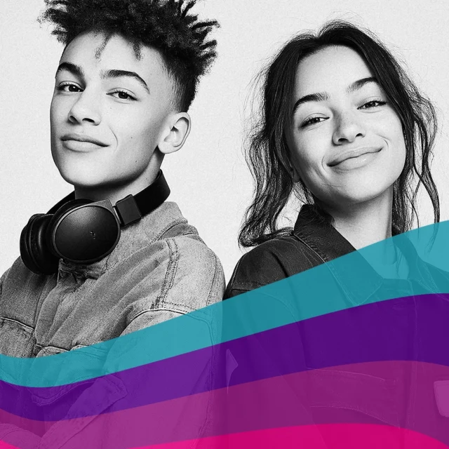Two people facing the camera, one wearing headphones, with a colourful abstract wave design overlay at the bottom.