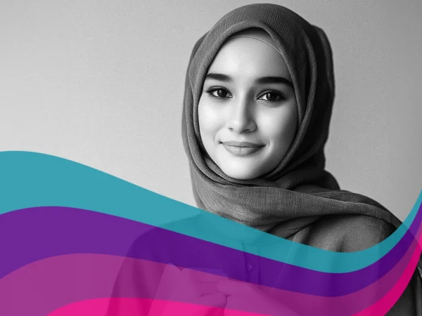 Black‑and‑white portrait of a person wearing a headscarf, facing the camera, with a neutral background and abstract coloured wave shapes overlaid across the lower part of the image.