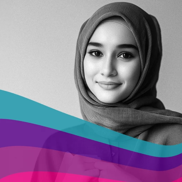 Black‑and‑white portrait of a person wearing a headscarf, facing the camera, with a neutral background and abstract coloured wave shapes overlaid across the lower part of the image.