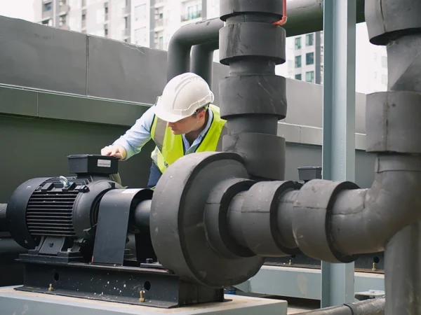 Person wearing a hard hat and high-visibility vest inspecting industrial pipes and machinery outdoors.