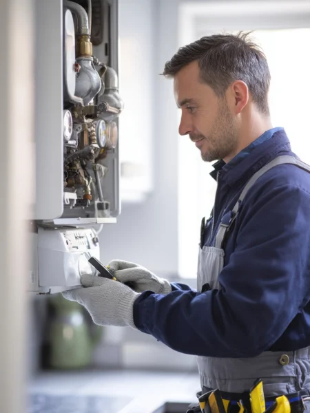 Professional heating engineer technician repairing domestic gas boiler furnace profile view male worker in blue uniform checking water pressure maintenance service fixing house utility system