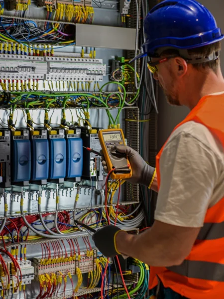 Electrician in blue helmet, yellow glasses and orange vest measures electric current with digital multimeter in distribution box-blurred background
