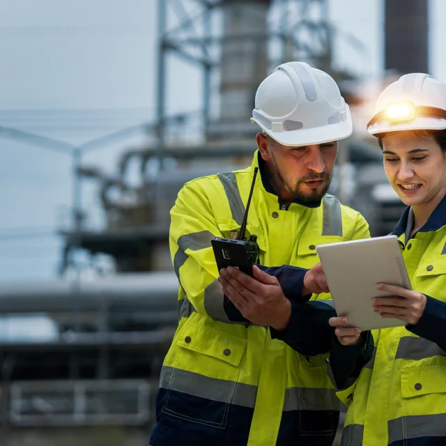 Workers wearing high-visibility jackets and hard hats review a tablet and handheld device at an industrial facility with pipes and structures in the background.