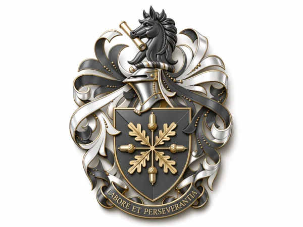 Decorative heraldic crest with a dark grey shield, gold oak leaves and acorns, a silver helmet topped by a horse head holding a scroll, and flowing grey and white ribbon mantling with a gold motto banner reading “Labore et Perseverantia”.