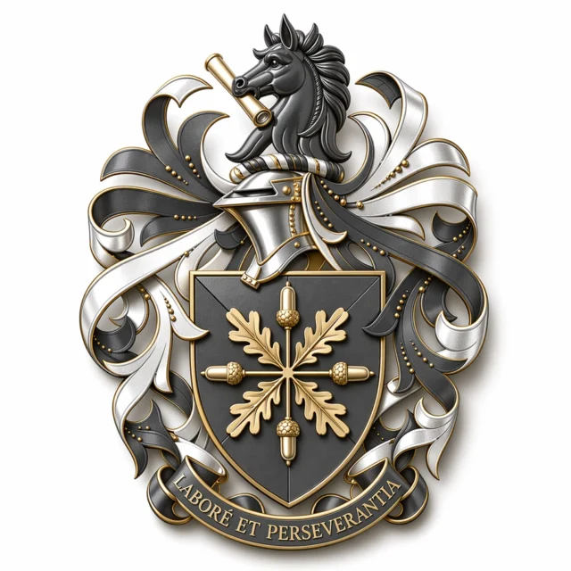 Decorative heraldic crest with a dark grey shield, gold oak leaves and acorns, a silver helmet topped by a horse head holding a scroll, and flowing grey and white ribbon mantling with a gold motto banner reading “Labore et Perseverantia”.