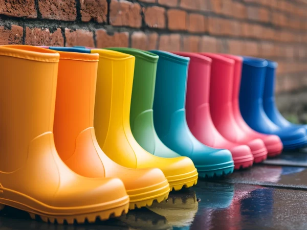 Childrens wellington boots lined up in a row outside with a brick wall in the background.