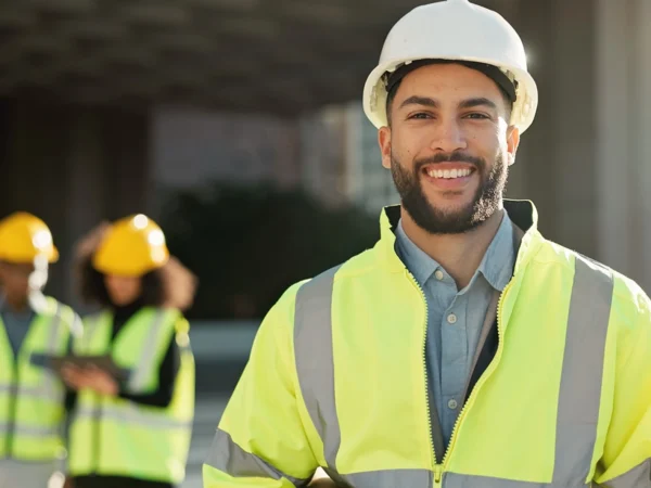 Person in a white hard hat and high-visibility jacket at a work site, with two others in safety gear in the background.