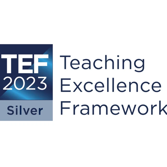 TEF 2023 Silver award logo with a blue gradient square and “TEF 2023” text, alongside the words “Teaching Excellence Framework.”