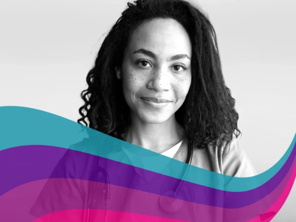 Black‑and‑white portrait of a person with curly hair wearing a stethoscope, facing the camera, with abstract coloured wave shapes across the lower part of the image.