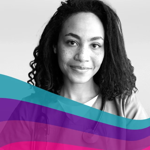Black‑and‑white portrait of a person with curly hair wearing a stethoscope, facing the camera, with abstract coloured wave shapes across the lower part of the image.