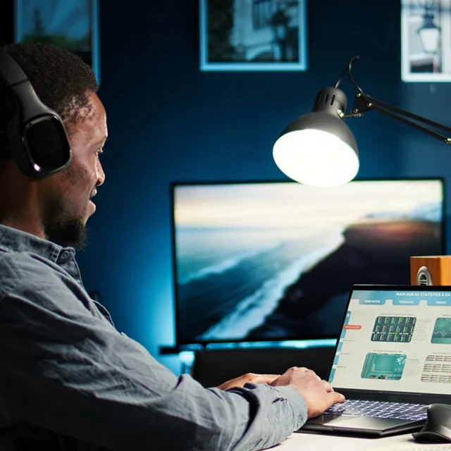 Person wearing headphones using a laptop at a desk in a home workspace, with a desk lamp and external monitor in the background.
