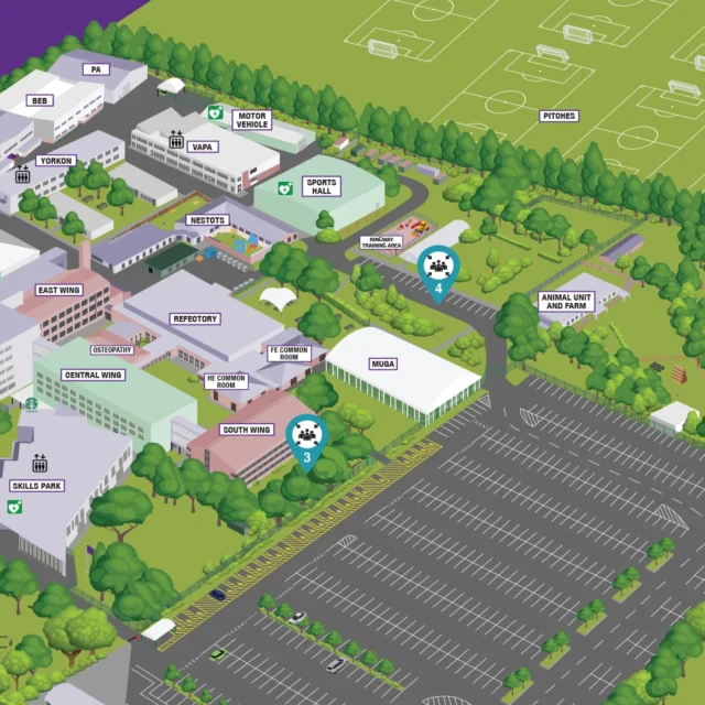 Illustrated map of Nescot campus showing labelled buildings, sports pitches, animal unit, car parks and facilities layout.