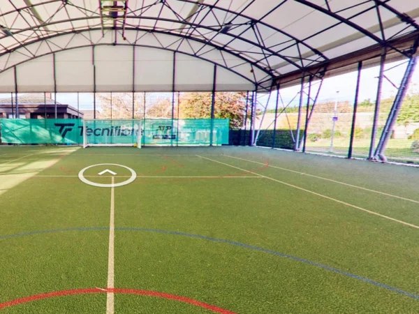An indoor multi‑use games area with artificial turf marked for sports activities, housed under a high arched roof structure.