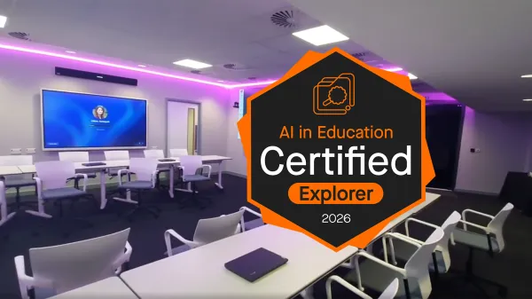 Nescot's immersive suite, with white tables and chairs, large interactive display screens and ambient purple lighting, overlaid with the AI in Education Certified Explorer 2026 badge.
