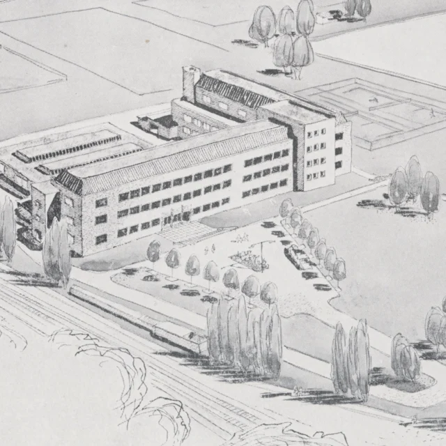 Historica black and white photo of Ewell County Technical College aerial sketch