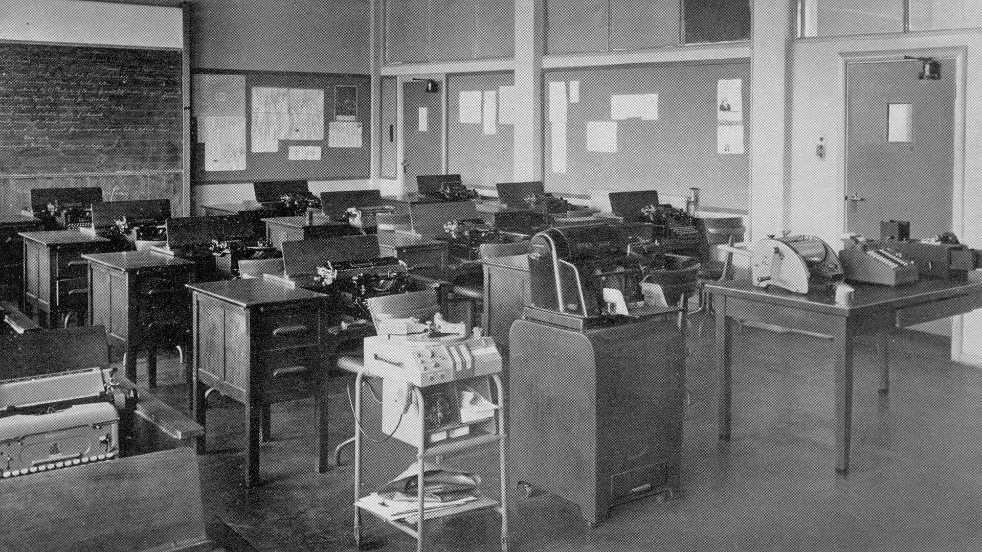 Historic black and white photo of Ewell County Technical College classroom